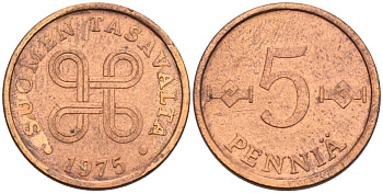 ФИНЛЯНДИЯ 5 ПЕННИ 1975 KM 45 медь 4549-1145