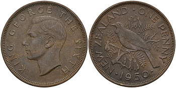 Новая Зеландия 1 пенни 1950 Георг VI (1936-1952), новозеландский туи KM 21 бронза   4157-742