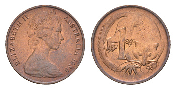 Австралия 1 цент 1980 Елизавета II (1952-2022), молодой портрет, опоссум KM 62 бронза UNC 4655-1217