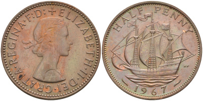 Великобритания 1/2 пенни 1967 Елизавета II (1952-2022) KM 896, Spink 4158 бронза 4592-434