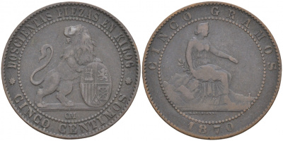 Испания 5 сентимо 1870 ОМ, лев со щитом KM 662 (Y53) медь 3853-1233