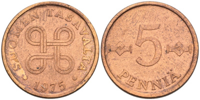 ФИНЛЯНДИЯ 5 ПЕННИ 1975 KM 45 медь 4549-1145