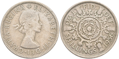 Великобритания 2 шиллинга (флорин) 1956 Елизавета II (1952-2022) KM 906, Spink 4146 медно-никель 189-633