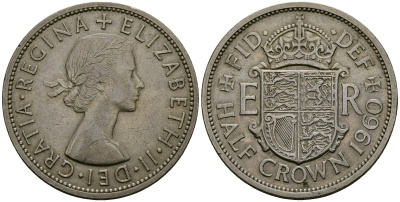Великобритания 1/2 кроны 1960 Елизавета II (1952-2022) KM 907, Spink 4145 медно-никель 4125-534