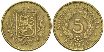 Финляндия 5 марок 1949 H KM 31a латунь 4586-437
