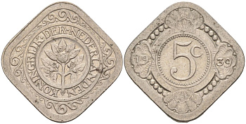 Нидерланды 5 центов 1939 Вильгельмина (1890-1948) KM 153 медно-никель 4592-843