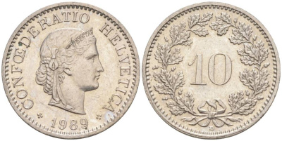 ШВЕЙЦАРИЯ 10 РАППЕНОВ 1989 В KM 27 медно-никель 55-531