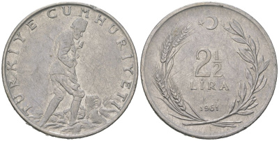 Турция 2 1/2 лиры 1961 KM 893.1 нержавеющая сталь 4590-922