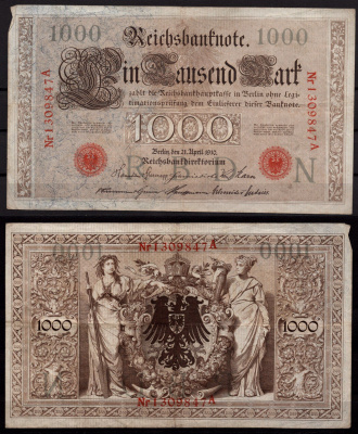 Германия 1000 марок 1910 Берлин, A; аллегорические фигуры («Мореплавание» и «Земледелие»), герб Pick 44 b бумага 7547-80-2-1