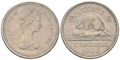 Канада 5 центов 1986 Елизавета II (1952-2022), бобер KM 60.2a медно-никель 192-453