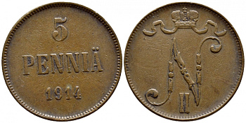 Россия для Финляндии 5 пенни 1914 Николай II (1894-1917) KM 15, Биткин 454 медь 633-135