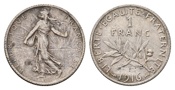 Франция 1 франк 1916 KM 844 серебро 93-244