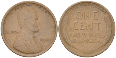 США 1 цент 1918 Авраам Линкольн KM 132 бронза 4613-814