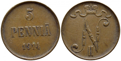Россия для Финляндии 5 пенни 1914 Николай II (1894-1917) KM 15, Биткин 454 медь 633-135