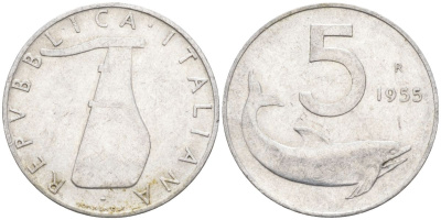 Италия 5 лир 1955 R, плуг, дельфин KM 92 алюминий 4549-331