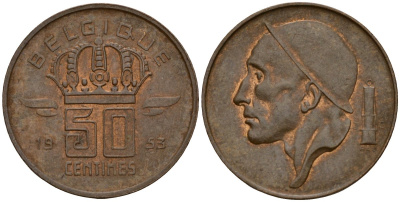 Бельгия 50 сантимов 1953 Belgique, Бодуэн I (1951-1993) KM 148 бронза 4189-856