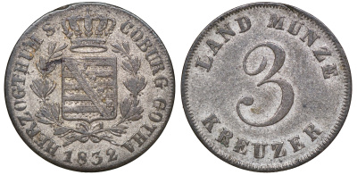 Саксен-Кобург-Гота 3 крейцера 1832 Эрнст I (1826-1844) KM 39, Jaeger 245, AKS 85 серебро    413-6725