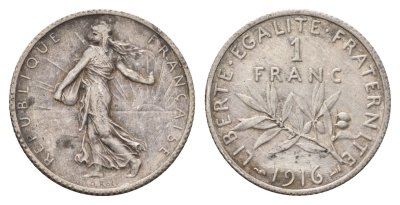 Франция 1 франк 1916 KM 844 серебро 93-244