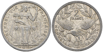 Французская Новая Каледония 2 франка 1990 птица кагу, (IEOM) KM 14, Schoen 11, Lec 66 алюминий    24-1117