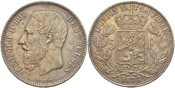 Бельгия 5 франков 1873 Леопольд II (1865-1909), позиция А KM 24 серебро 5010-945