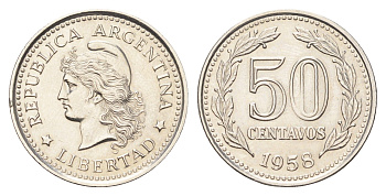 Аргентина 50 сентаво 1958 KM 56 сталь плакированная никелем UNC 4662-721