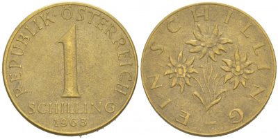 АВСТРИЯ 1 ШИЛЛИНГ 1963 KM 2886 алюминиевая бронза 77-1012