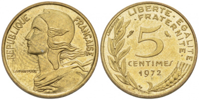 ФРАНЦИЯ 5 САНТИМОВ 1972 ТИП MARIANNE KM 933 медь алюминий никель 3955-635
