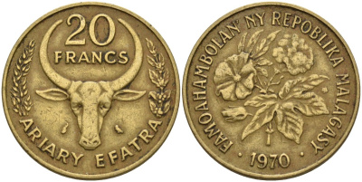 Мадагаскар 20 франков 1970 KM 12 алюминиевая бронза 4141-632