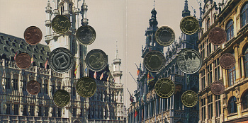 Бельгия евронабор из 8 монет + жетон 2005 Grand Place Grote Markt, Brussel, в оригинальном буклете UNC 1-5-3-9
