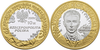 Польша 10 злотых 2009 MW, Кшиштоф Камиль Бачинский (1921-1944), позолота KM 689 серебро, биметалл PROOF 1074-10-33