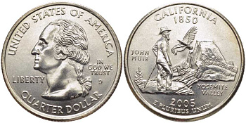США 25 центов = квотер 2005 D, серия штаты США, Калифорния KM 370 медь плакированная медно-никелем UNC M50-08
