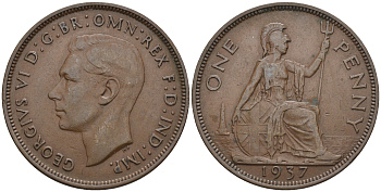 Великобритания 1 пенни 1937 Георг VI (1936-1952) KM 845, Spink 4114 бронза 4607-1115