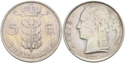 БЕЛЬГИЯ 5 ФРАНКОВ 1975 BELGIQUE KM 134.1 медно-никель 68-643