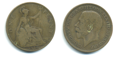 Великобритания 1 пенни 1916 Георг V (1910-1936) KM 810, Spink 4051 бронза 4383-511