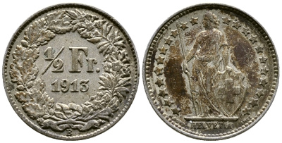 Швейцария 1/2 франка 1913 В KM 23 серебро 46-936