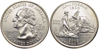 США 25 центов = квотер 2005 D, серия штаты США, Калифорния KM 370 медь плакированная медно-никелем UNC M50-08
