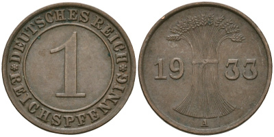 Германия 1 рейхспфенниг 1933 A KM 37, J. 313 бронза 4189-1219