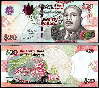 Багамские острова (Багамы) 20 долларов 2010 Сэр Майло Б. Батлер, Нассау-Харбор Pick 74A бумага UNC (пресс) 451-742-2