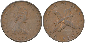 Остров Мэн 2 пенса 1976 Елизавета II (1952-2022) KM 34 бронза 4619-112
