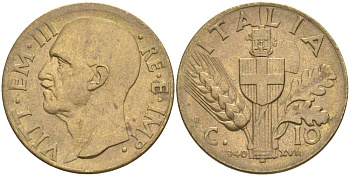 ИТАЛИЯ 10 ЧЕНТЕЗИМО 1940 R, ГОД XVIII, ВИКТОР ЭММАНУИЛ III (1900-1946) KM 74a, VEM3. 0985 алюминиевая бронза 3853-251