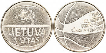 Литва 1 лит 2011 чемпионат Европы по баскетболу KM 177 медно-никель UNC M15-14