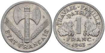 Франция 1 франк 1943 KM 902 алюминий 4601-733