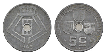 Бельгия 5 сантимов 1943 Belgique - Belgie, Леопольд III (1934-1951), германская оккупация, Вторая мировая война KM 123 цинк 4169-439