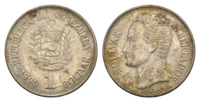 Венесуэла 1 боливар 1990 Симон Боливар, толстый шрифт Y 52a.2 сталь плакированная никелем 4592-822