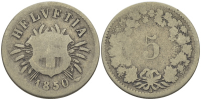 ШВЕЙЦАРИЯ 5 РАППЕНОВ 1850 ВВ KM 5 серебро 26-563