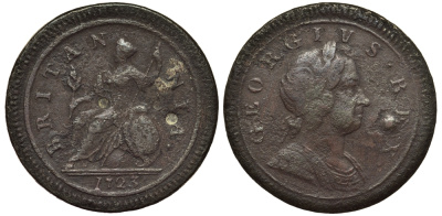 Великобритания 1/2 пенни 1723 Георг I (1714-1727) KM 557, Spink 3660 медь 1520-1214