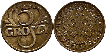 ПОЛЬША 5 ГРОШЕЙ 1928 w KM 10a бронза 26-652