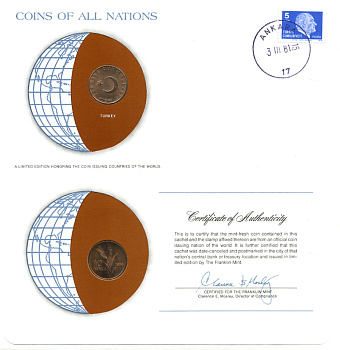 ТУРЦИЯ 10 КУРУШЕЙ 1974 конверт с маркой первого дня гашения, Coins of Nations KM 891.1 бронза UNC 4294-66-1