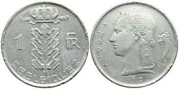 БЕЛЬГИЯ 1 ФРАНК 1952 BELGIQUE KM 142.1 медно-никель 4390-1245