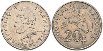 Французская Новая Каледония 20 франков 2008 три быка, (IEOM) KM 12a, Schoen 14a медно-никель 4131-942